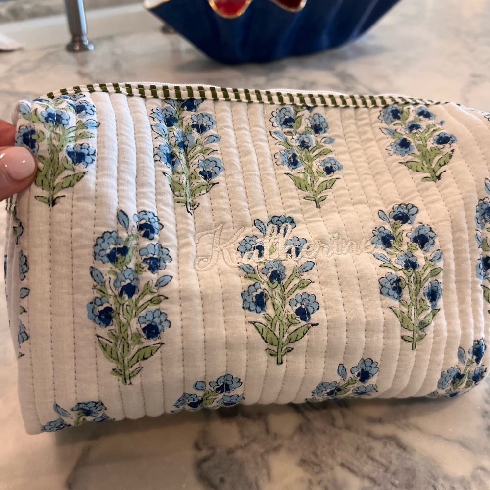White Quilted Pouch with Blue Floral Design brand new monogram KATHERINE